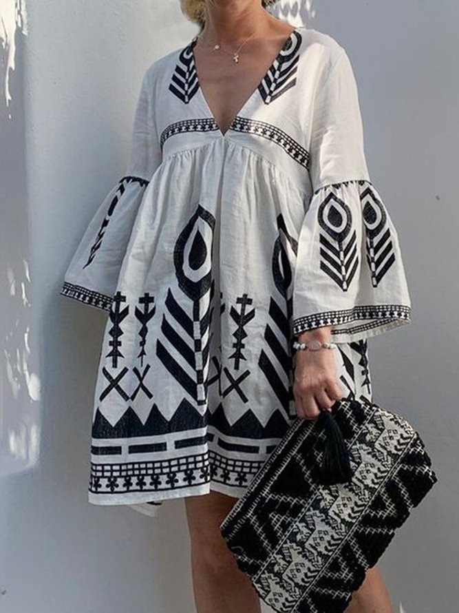 Femmes Géométrique Automne Vacances Polyester Quotidien Coupe Régulière Manche Évasée Régulier Régulier Taille Robes