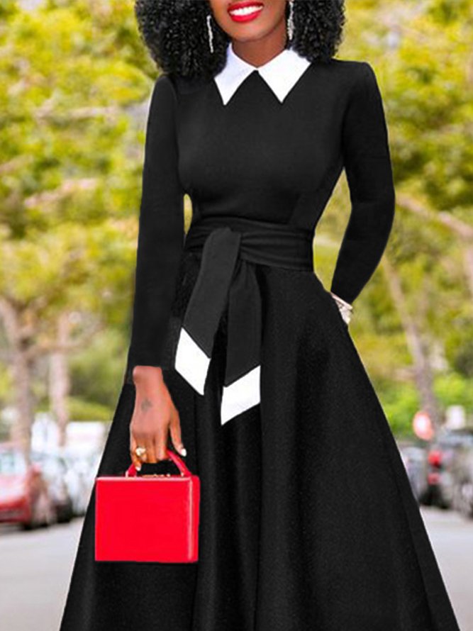 Femmes Bloc de Couleur Automne Élégant Micro-élasticité Coupe Régulière Mi-longue Manches Longues Régulier Régulier Taille Robes