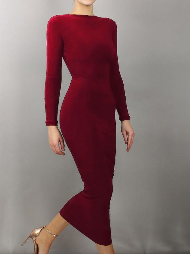 Robes Plaine Simple Automne Haute Élasticité Quotidien Longue Robe T-Shirt en Coton Mélangé S-Line pour Femme