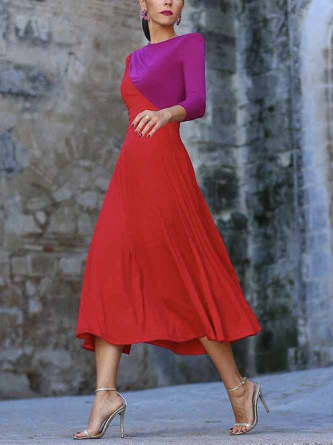 Robes Bloc de Couleur Automne Élégant Taille Haute Quotidien Coupe Régulière Mi-longue 1 * robe Manches 3/4 pour Femmes