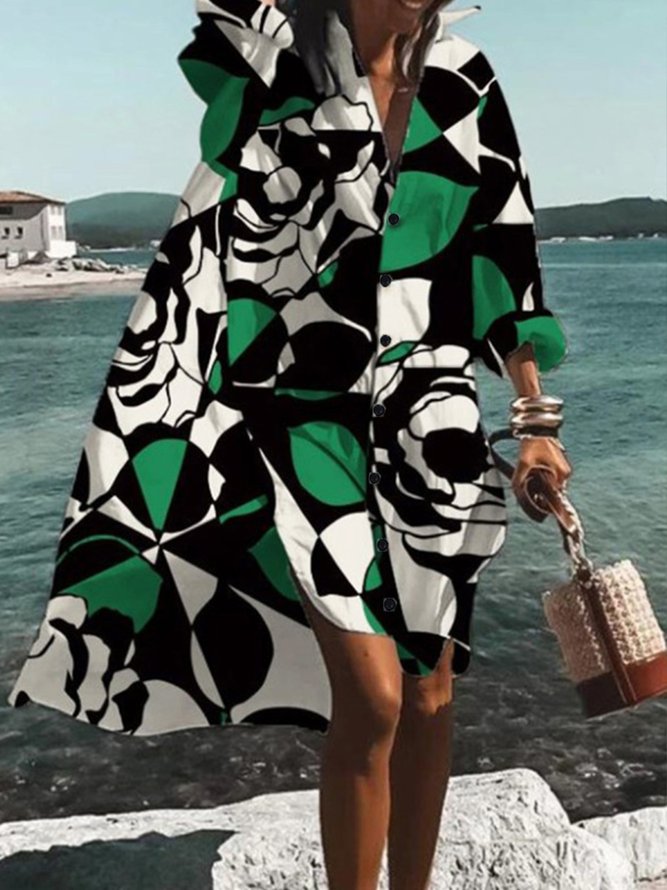 Robes Femmes Floral Automne Vacances Polyester Naturel Mi-longue Manches Longues Droit Col de Chemise