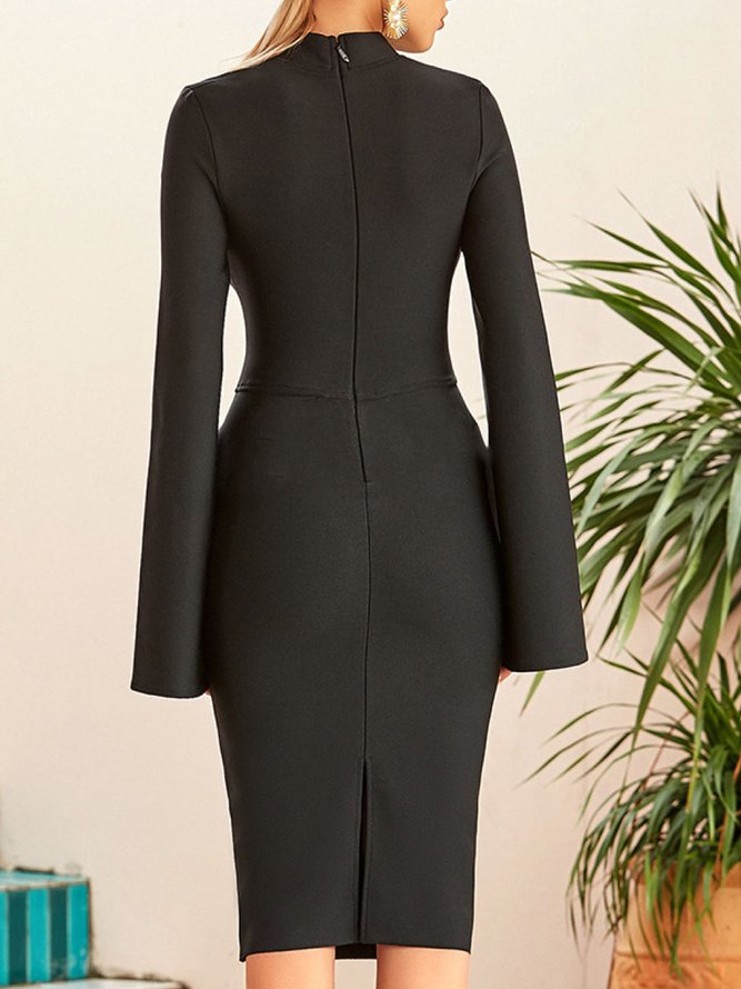 Robes Femmes Plain Automne Élégant Micro-Élasticité Mi-longue Manches Longues S-ligne Régulier Manches fendues