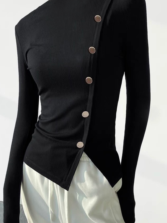 T-Chemise Femmes Plain Automne Urbain Polyester Col Montant Quotidien Serré Manches Longues Régulier