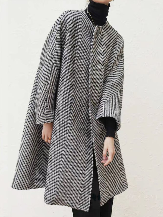 Pardessus Femmes Rayé Hiver Urbain Polyester Naturel Manches Longues Col Rond Régulier Régulier