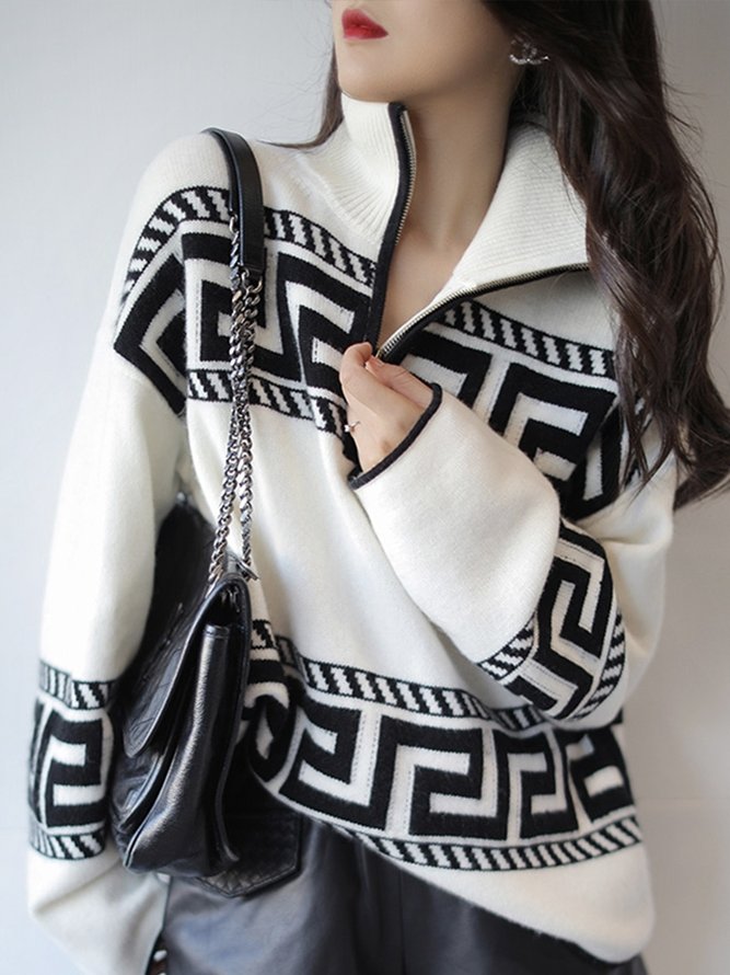 Pull Géométrique Hiver Urbain Acrylique Zip Manches Longues Régulier H-ligne Régulier pour Femmes