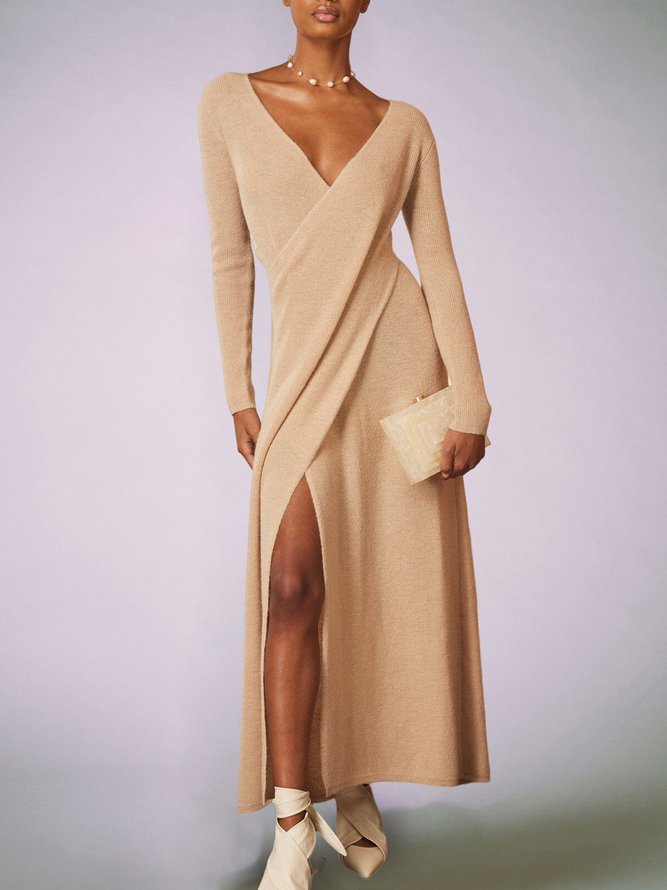 Robes Plain Hiver Élégant Polyester Col croisé Naturel Micro-Élasticité Coupe Régulière Long pour Femmes