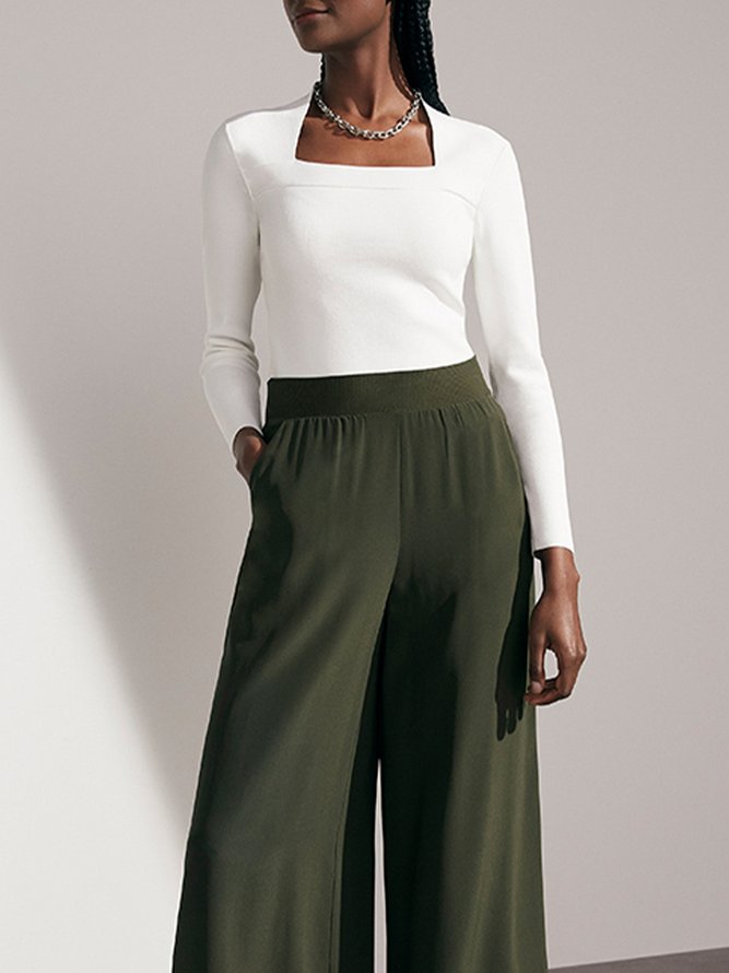 T-Chemise Femmes Plain Hiver Élégant Polyester Col Carré à Haute Élasticité Coupe Régulière Manches Longues Régulier