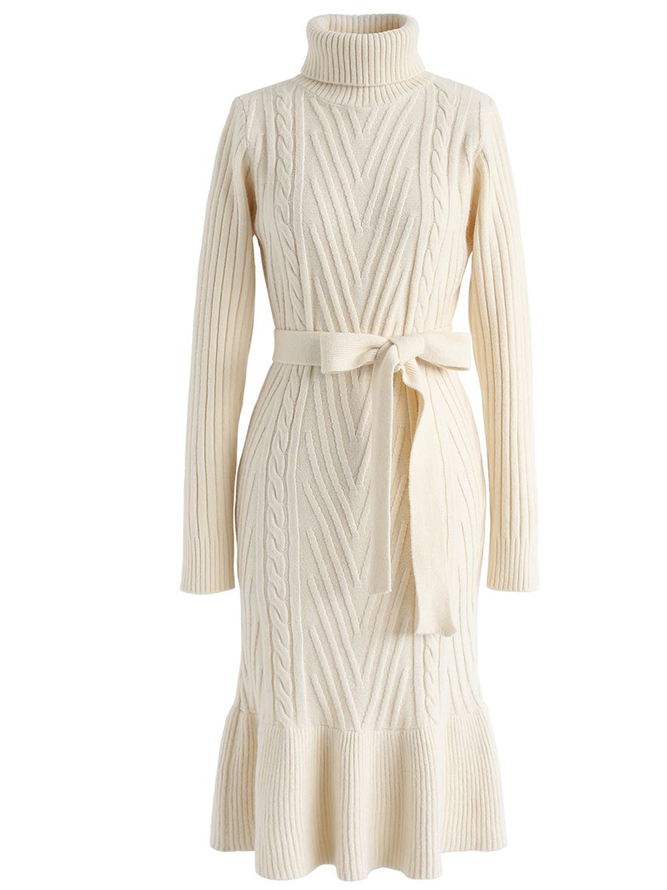 Robes Plain Hiver Élégant Polyester à Haute Élasticité Quotidien Coupe Régulière Manches Longues x-ligne pour Femmes