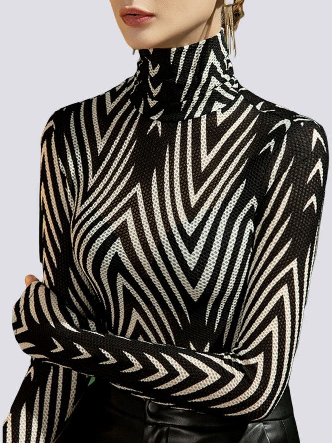 Tops Rayé Automne Urbain Polyester Micro-élasticité Quotidien Col Roulé S-Ligne Régulier pour Femmes