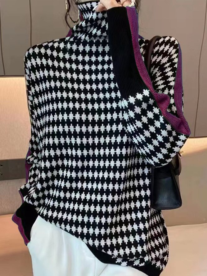 Pull Pied-de-poule Hiver Urbain Acrylique Poids lourd Quotidien Ample Manches Longues Col Roulé pour Femmes