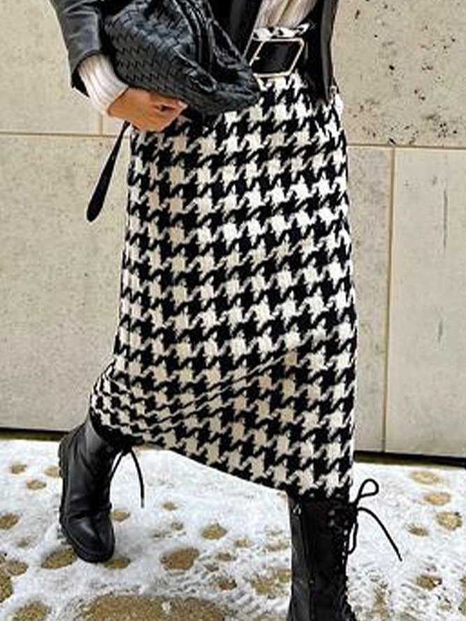 Jupe Femmes Rétro Pied-de-poule Hiver Polyester Poids lourd Quotidien Coupe Régulière Mi-longue H-ligne