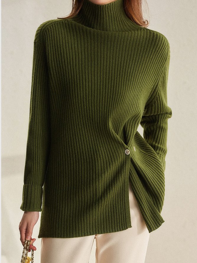 Pull Plain Hiver Urbain Acrylique Boutonné Manches Longues Col Roulé x-ligne Régulier pour Femmes