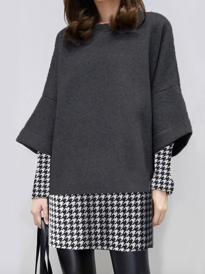 Tops Femmes Pied-de-poule Hiver Urbain Polyester Naturel Micro-Élasticité Manches Longues Col Rond Régulier