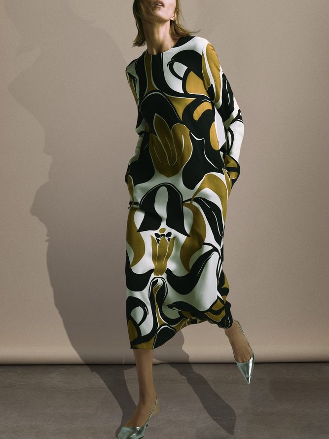 Robes Abstrait Automne Urbain Polyester Naturel Mi-longue Manches Longues Col Rond H-ligne pour Femmes