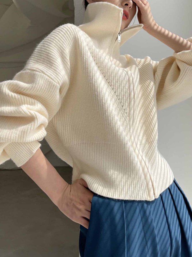 Pull Manteau Plain Hiver Simple Acrylique Zip Ample Manches Longues Col Roulé Régulier pour Femmes