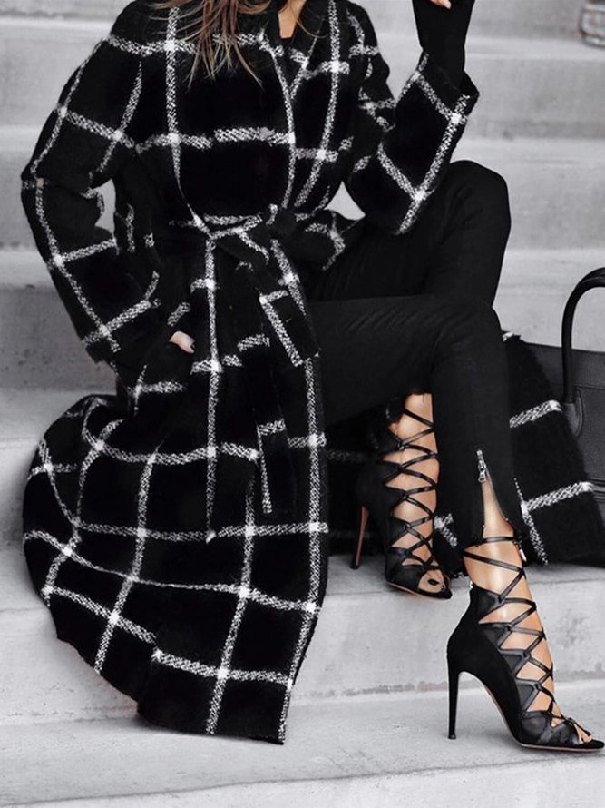 Pull Manteau Hiver Plaid Urbain Acrylique Micro-Élasticité Quotidien Manches Longues Long H-ligne pour Femmes