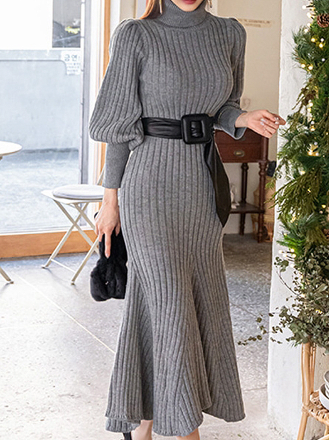 Robes Plain Hiver Élégant Polyester Naturel à Haute Élasticité Quotidien Long Col Roulé pour Femmes