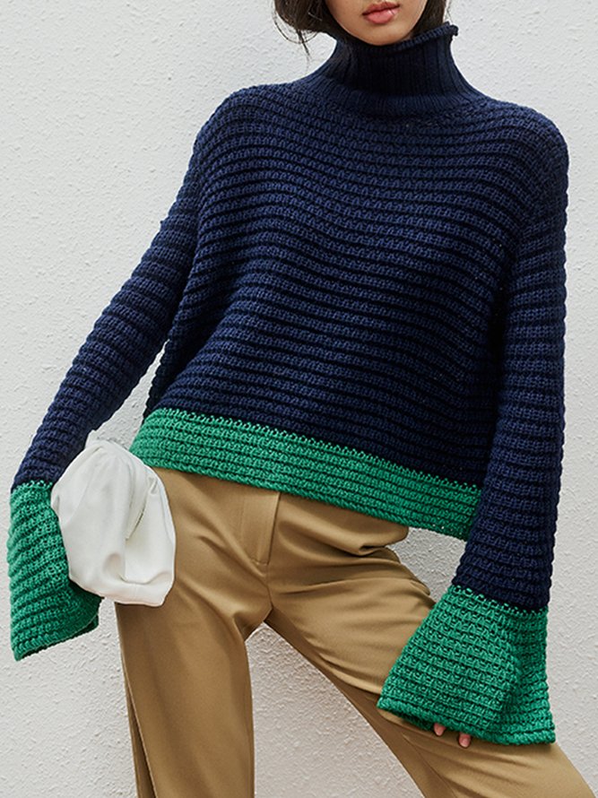 Pull Bloc de Couleur Hiver Urbain Micro-Élasticité Faire la navette Manches Longues Régulier H-ligne Régulier pour Femmes