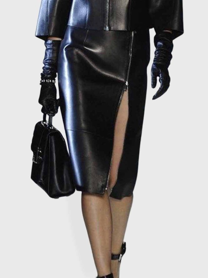 Jupe Plain Hiver Urbain PU Poids lourd Quotidien Jupe Fente H-ligne pour Femmes