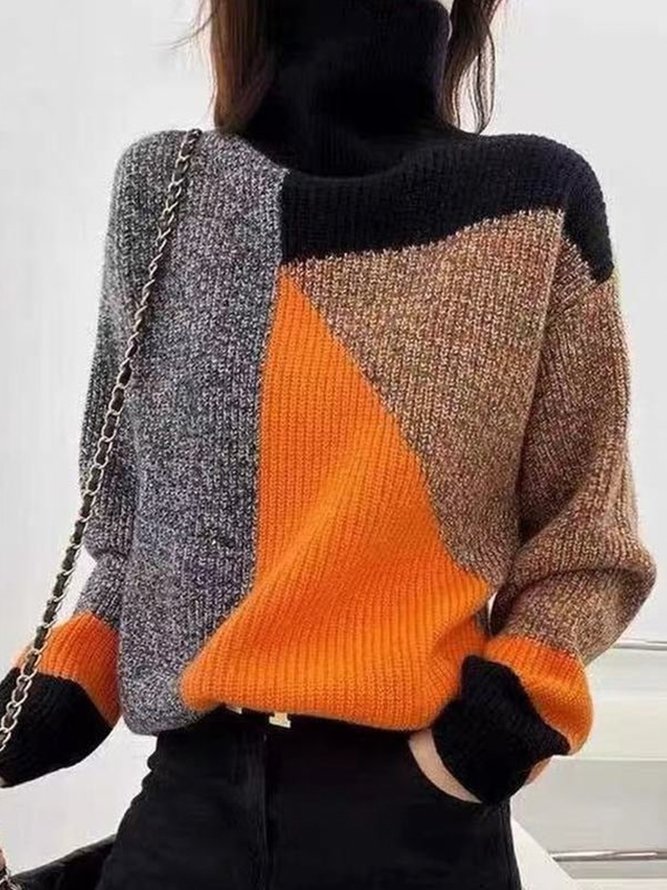 Pull Femmes Géométrique Décontracté Hiver Micro-Élasticité Quotidien Ample Manches Longues Régulier H-ligne