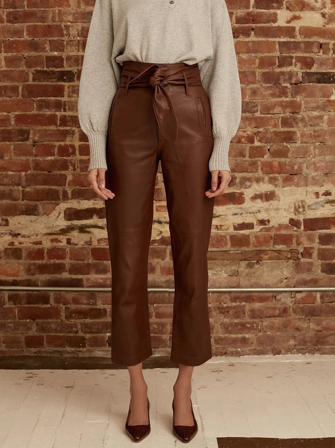Mode Pantalons Plain Hiver Urbain PU Zip Taille Haute Aucune élasticité Quotidien Régulier pour Femmes