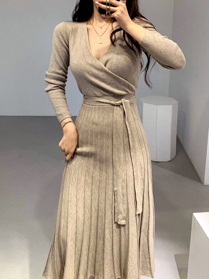 Robes Plain Hiver Élégant Col V Poids lourd Quotidien Coupe Régulière Mi-longue x-ligne pour Femmes