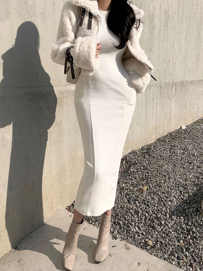 Robes Plain Hiver Simple Naturel Poids lourd Quotidien Mi-longue Manches Longues S-ligne pour Femmes
