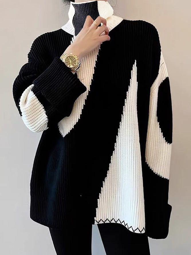 Pull Bloc de Couleur Hiver Urbain Polyester Micro-Élasticité Quotidien Ample Col Roulé Régulier pour Femmes