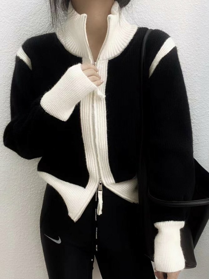 Pull Manteau Bloc de Couleur Hiver Simple Zip Poids lourd Manches Longues Col Roulé Régulier H-ligne pour Femmes