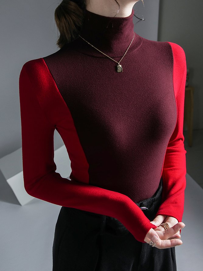 T-Chemise Bloc de Couleur Hiver Urbain Polyester Micro-Élasticité Coupe Régulière Régulier T-ligne Régulier pour Femmes