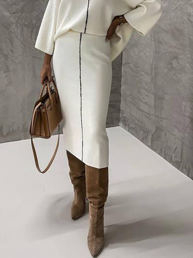Jupe Bloc de Couleur Hiver Urbain Polyester Naturel à Haute Élasticité Coupe Régulière Mi-longue Régulier pour Femmes