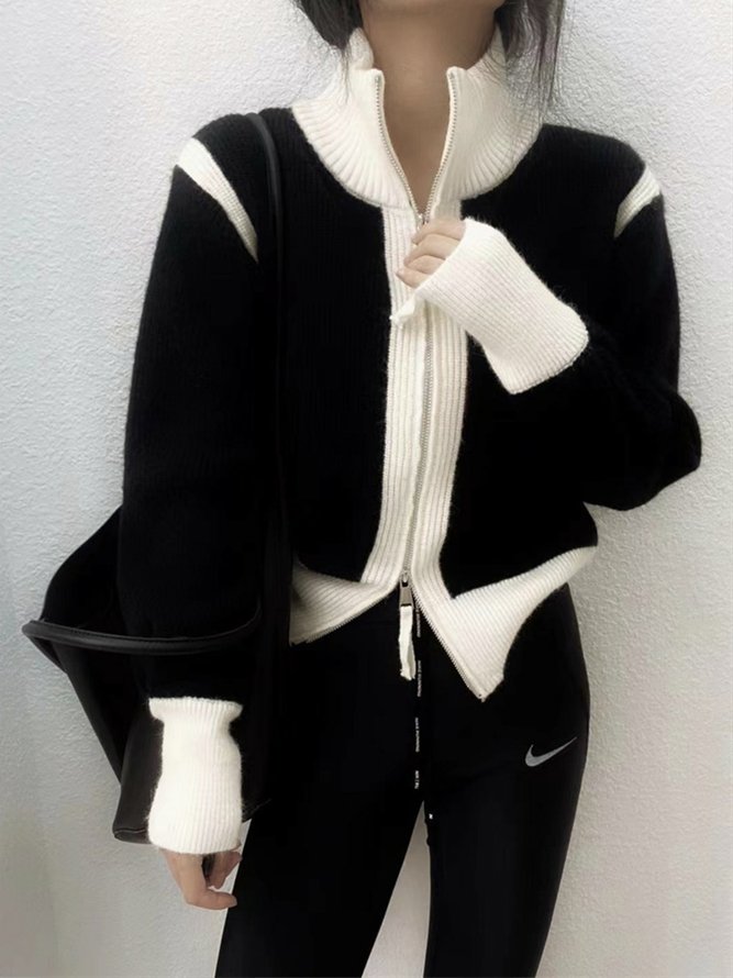 Pull Manteau Bloc de Couleur Hiver Simple Zip Poids lourd Manches Longues Col Roulé Régulier H-ligne pour Femmes