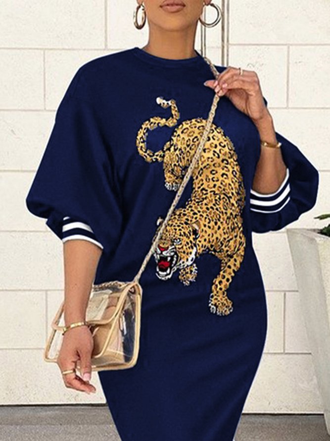 Robes Motif Léopard Automne Urbain Ample Faire la navette Mi-longue Col Rond H-ligne Régulier pour Femmes
