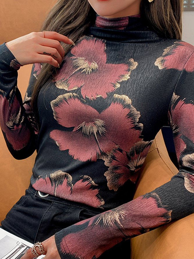 T-Chemise Floral Hiver Élégant Polyester Quotidien Serré Manches Longues H-ligne Élasticité moyenne pour Femmes