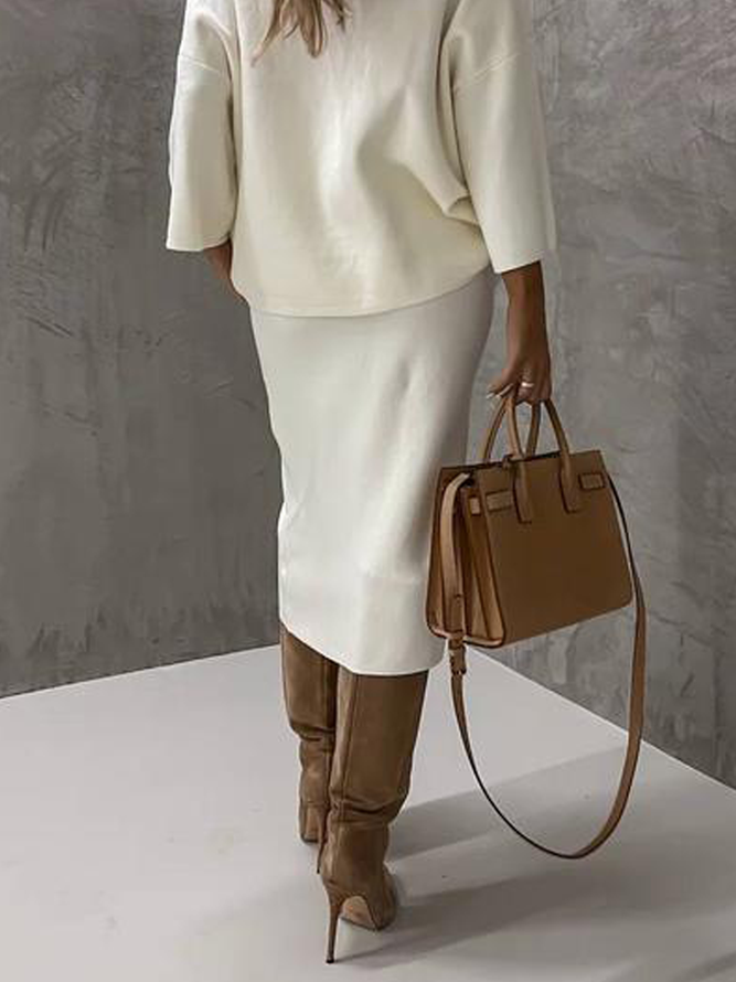 Jupe Bloc de Couleur Hiver Urbain Polyester Naturel à Haute Élasticité Coupe Régulière Mi-longue Régulier pour Femmes