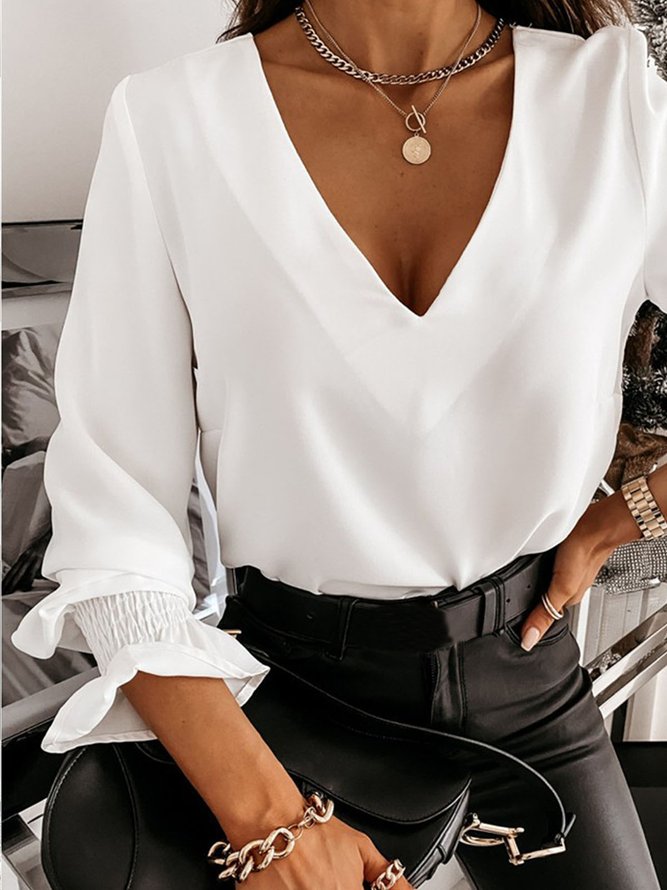 Blouse Femmes Plain Hiver Élégant Polyester Col V Micro-Élasticité Manches Longues Régulier Chaîne
