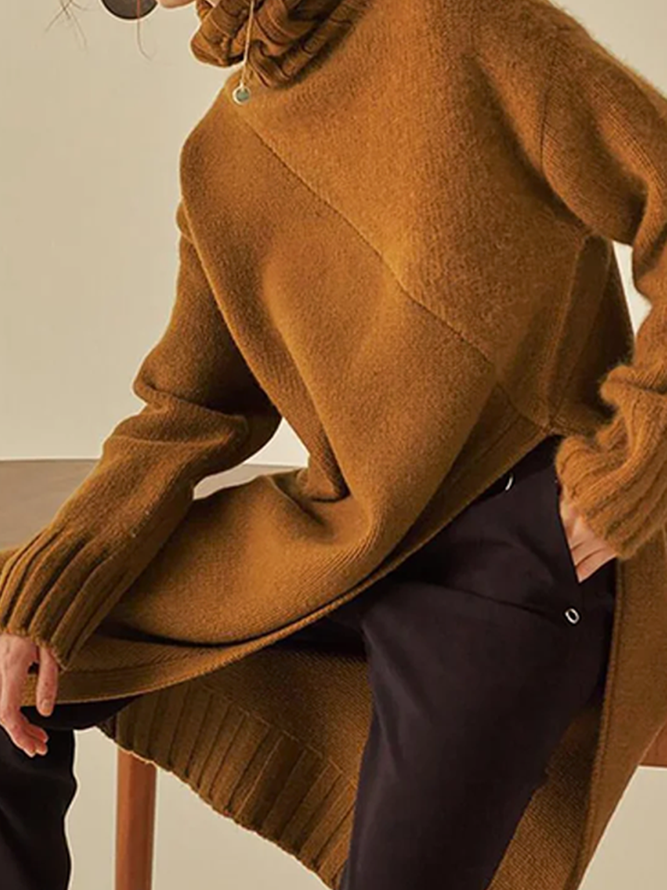 Pull Femmes Plain Hiver Urbain Polyester à Haute Élasticité Quotidien Ample Manches Longues Mi-longue-Long