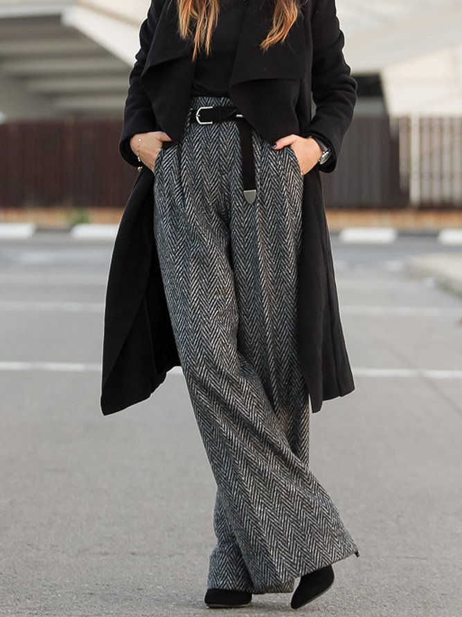 Mode Pantalons Femmes Rayé Hiver Urbain Polyester Taille Haute Quotidien Ample H-ligne Régulier