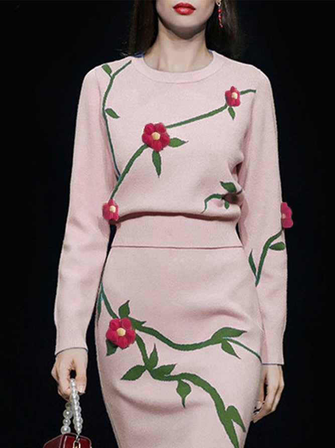 Pull Floral Hiver Élégant Coupe Régulière Manches Longues Col Rond Régulier H-ligne Régulier pour Femmes