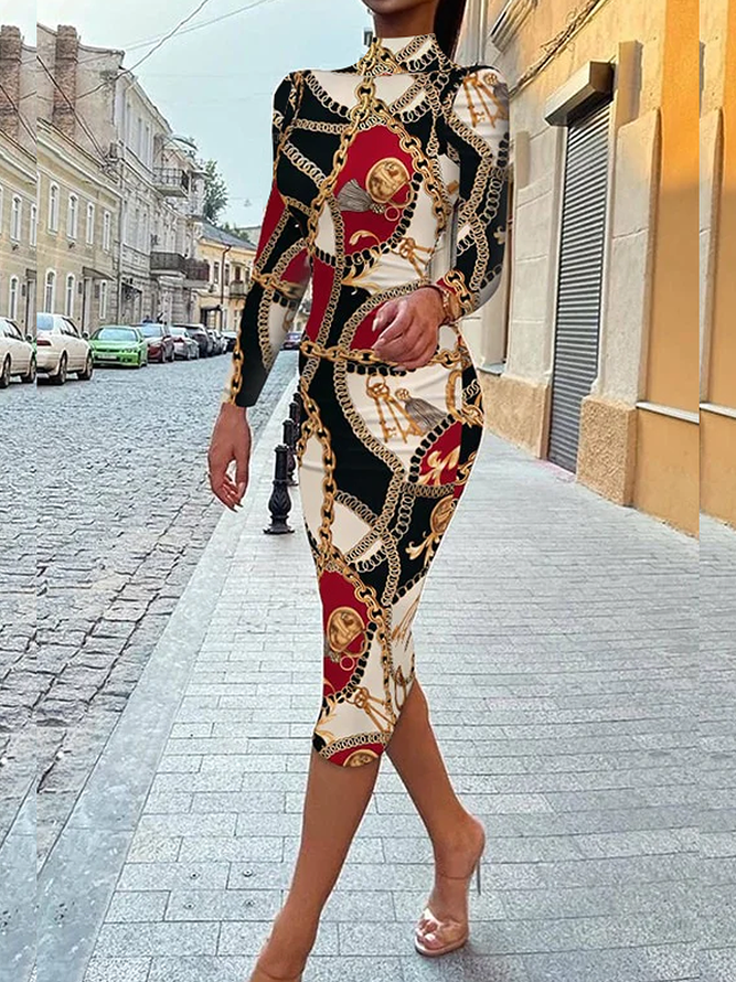 Robes Ethnique Printemps Élégant Polyester à Haute Élasticité Serré Mi-longue Manches Longues Régulier pour Femmes