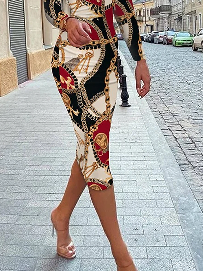 Robes Ethnique Printemps Élégant Polyester à Haute Élasticité Serré Mi-longue Manches Longues Régulier pour Femmes