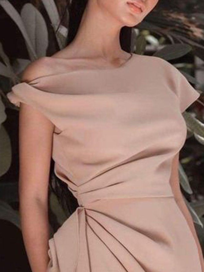 Mariage Robe & Fête Robe Plain Printemps Élégant Polyester Naturel Aucune élasticité Serré Mi-longue Manches Courtes pour Femmes
