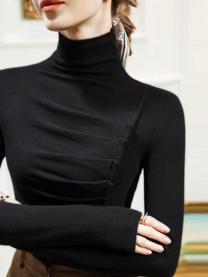T-Chemise Plain Printemps Urbain Quotidien Manches Longues Col Roulé T-ligne Régulier Élasticité moyenne pour Femmes