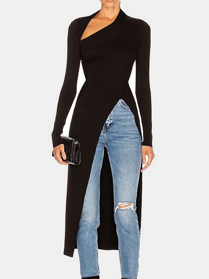 Tops Plain Printemps Urbain Polyester à Haute Élasticité Manches Longues Mi-longue-Long H-ligne Régulier pour Femmes