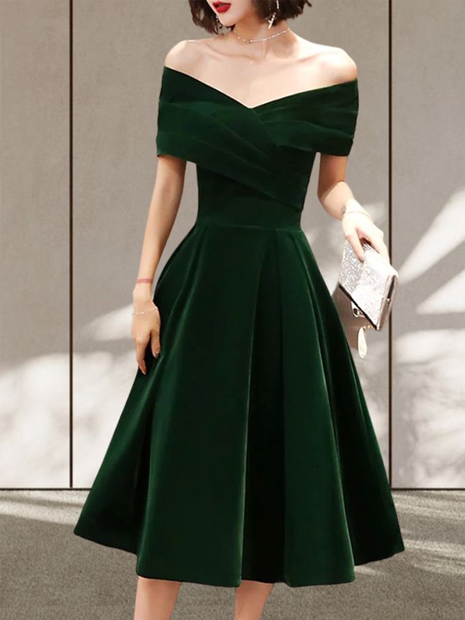 Mariage Robe & Fête Robe Plain Printemps Élégant Col V Naturel Micro-Élasticité Serré Manches Courtes A-ligne pour Femmes