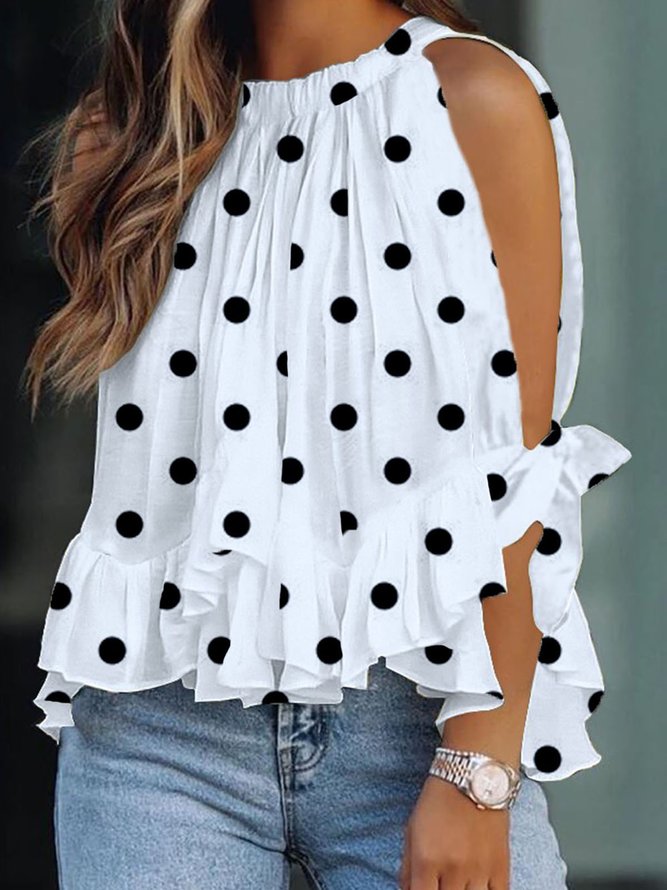 Blouse Pois Polka Printemps Vacances Polyester Micro-Élasticité Manches 3/4 Régulier Volant Vacances pour Femmes
