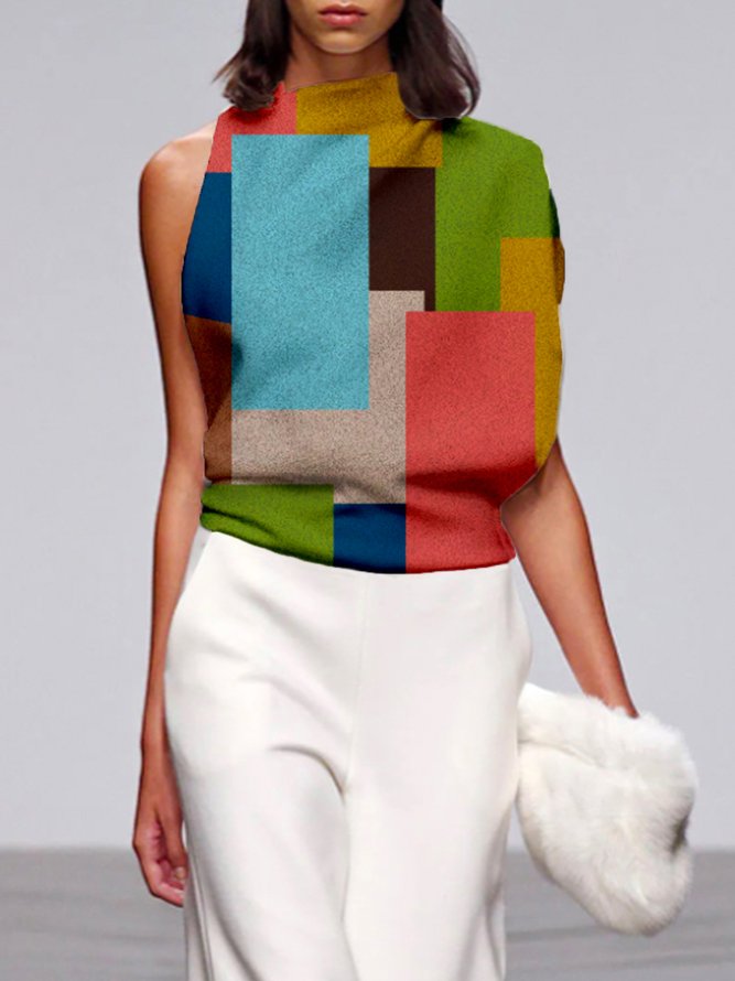 Blouse Femmes Printemps Bloc de Couleur Urbain Micro-Élasticité Ample Sans Manches Régulier H-ligne Régulier