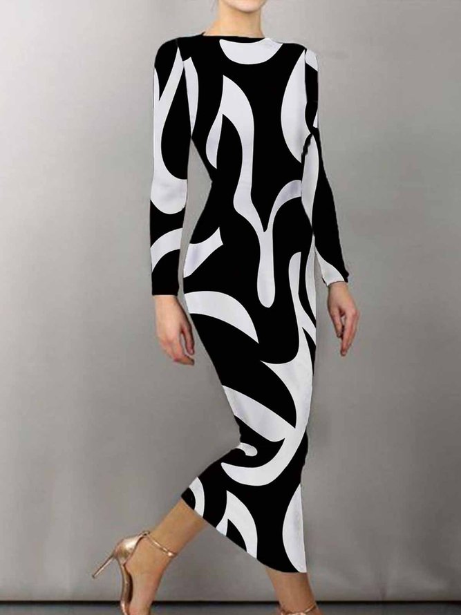 Robes Géométrique Printemps Élégant Naturel à Haute Élasticité Coupe Régulière Mi-longue Manches Longues l'Encolure Bateau pour Femmes
