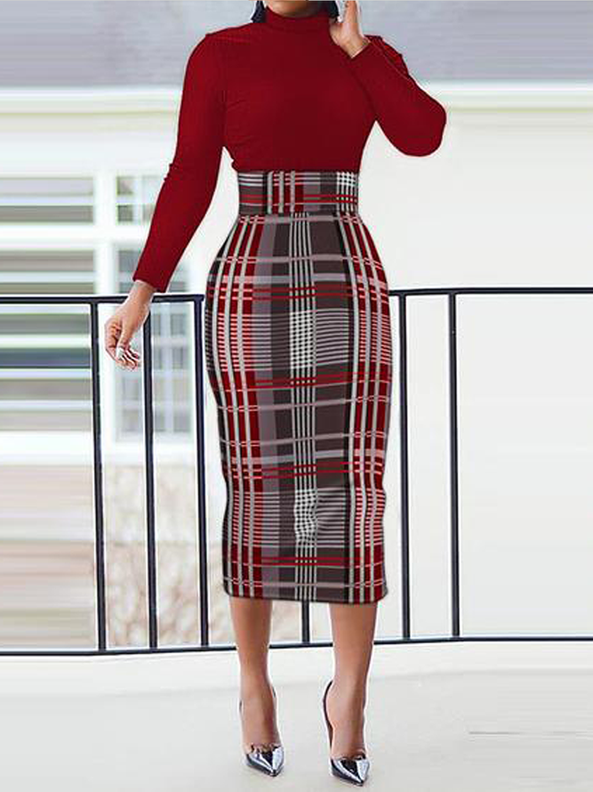 Robes Femmes Plaid Printemps Élégant Polyester à Haute Élasticité Quotidien Serré Manches Longues S-La ligne