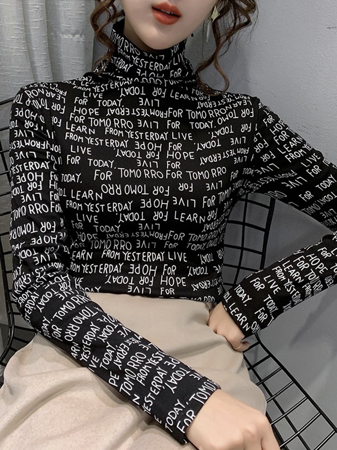 T-Chemise Simple Lettres de texte Printemps à Haute Élasticité Manches Longues Coton-Mélange Régulier T-ligne Régulier pour Femmes